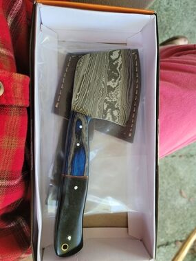 Handmade Blue & Black Cleaver Knife with Damascus Blade